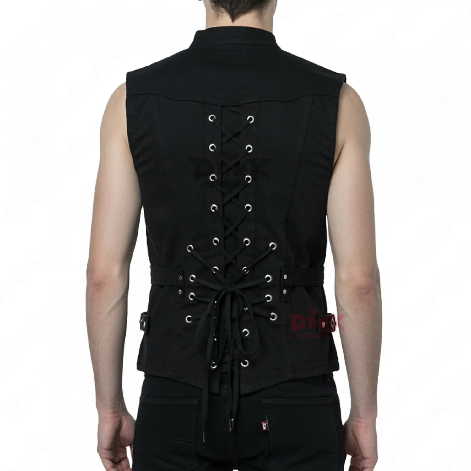 Men's black sleeveless gothic military vest with multiple front buckles and a high collar.