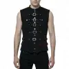 Men's black sleeveless gothic military vest with multiple front buckles and a high collar.
