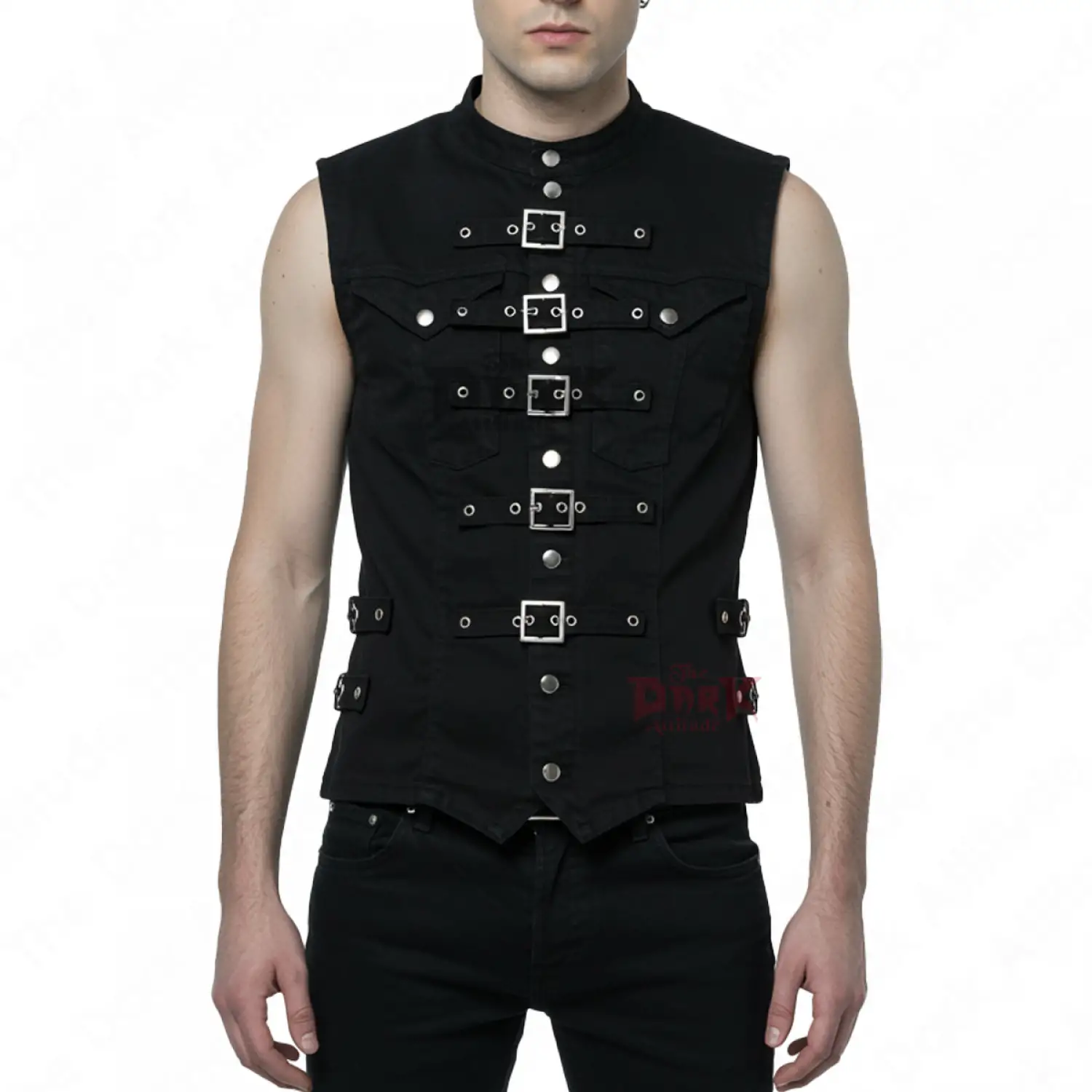 Men's black sleeveless gothic military vest with multiple front buckles and a high collar.