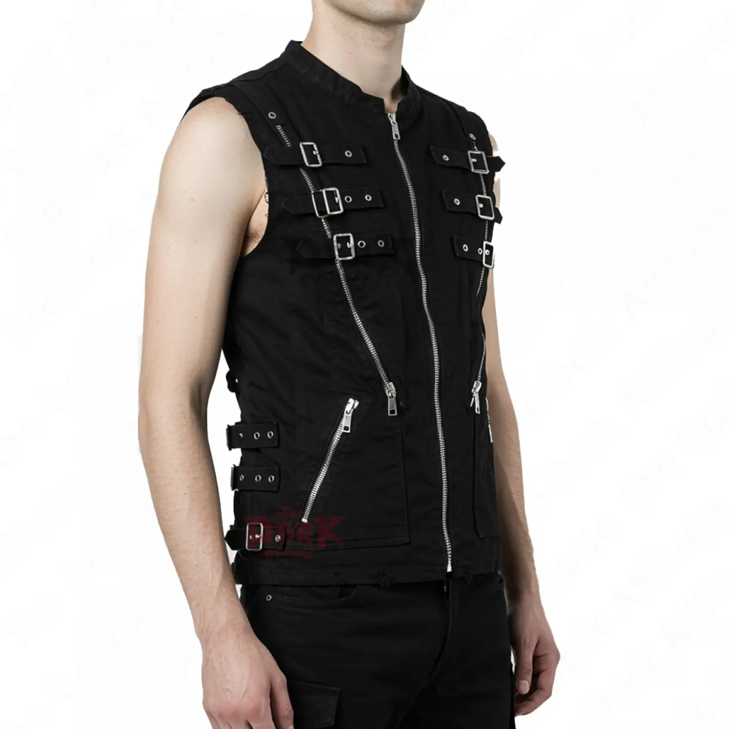 Men's black gothic bondage vest with silver buckles, zippers, and a corset-laced back.