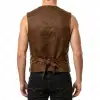 Men's steampunk v-neck distressed brown leather vest with brass buttons for a gothic western look.