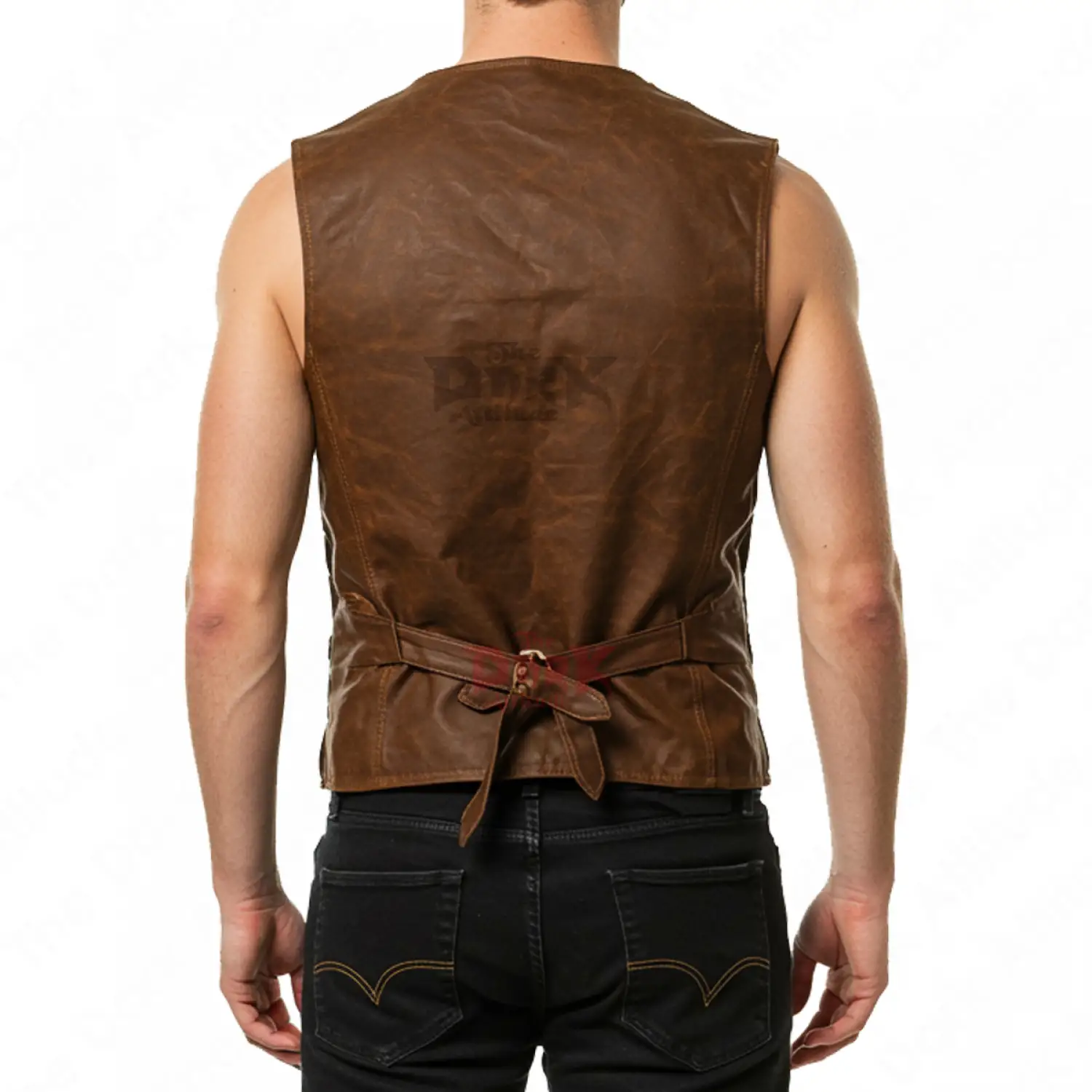Men's steampunk v-neck distressed brown leather vest with brass buttons for a gothic western look.