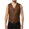 Men's steampunk v-neck distressed brown leather vest with brass buttons for a gothic western look.