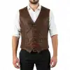 Men's double-breasted brown leather vest with wide lapels for a steampunk gothic style.