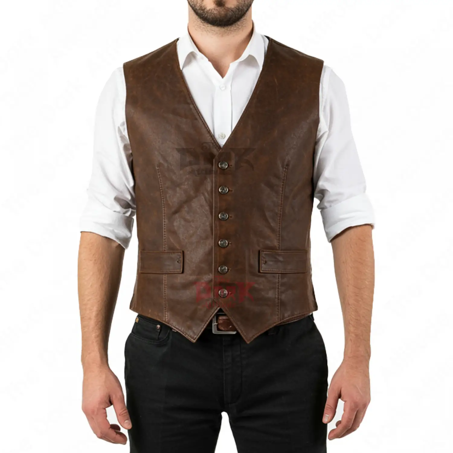 Men's double-breasted brown leather vest with wide lapels for a steampunk gothic style.