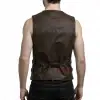Men's distressed brown leather vest in a gothic biker style with ornate buttons and side buckle details.