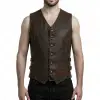 Men's distressed brown leather vest in a gothic biker style with ornate buttons and side buckle details.