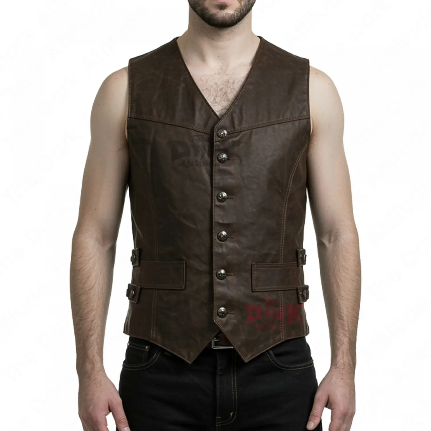 Men's distressed brown leather vest in a gothic biker style with ornate buttons and side buckle details.