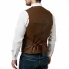 Men's double-breasted gothic brown leather vest with wide lapels and embossed texture.