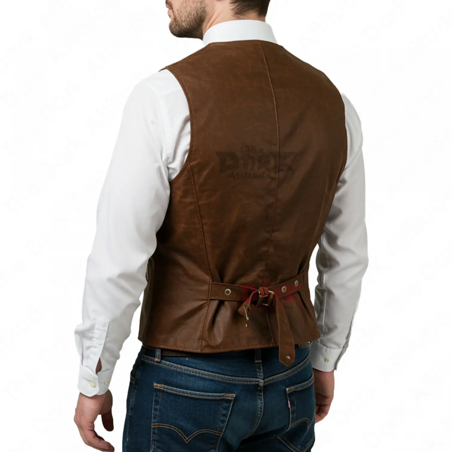 Men's double-breasted gothic brown leather vest with wide lapels and embossed texture.