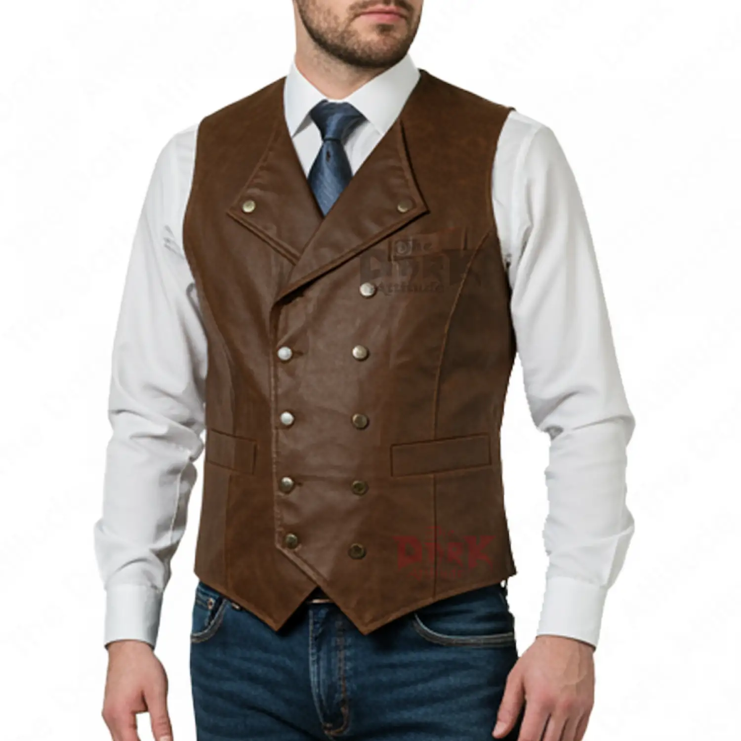 Men's double-breasted gothic brown leather vest with wide lapels and embossed texture.