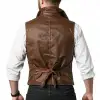 Men's gothic-style double-breasted brown leather vest with wide lapels and a tailored fit.