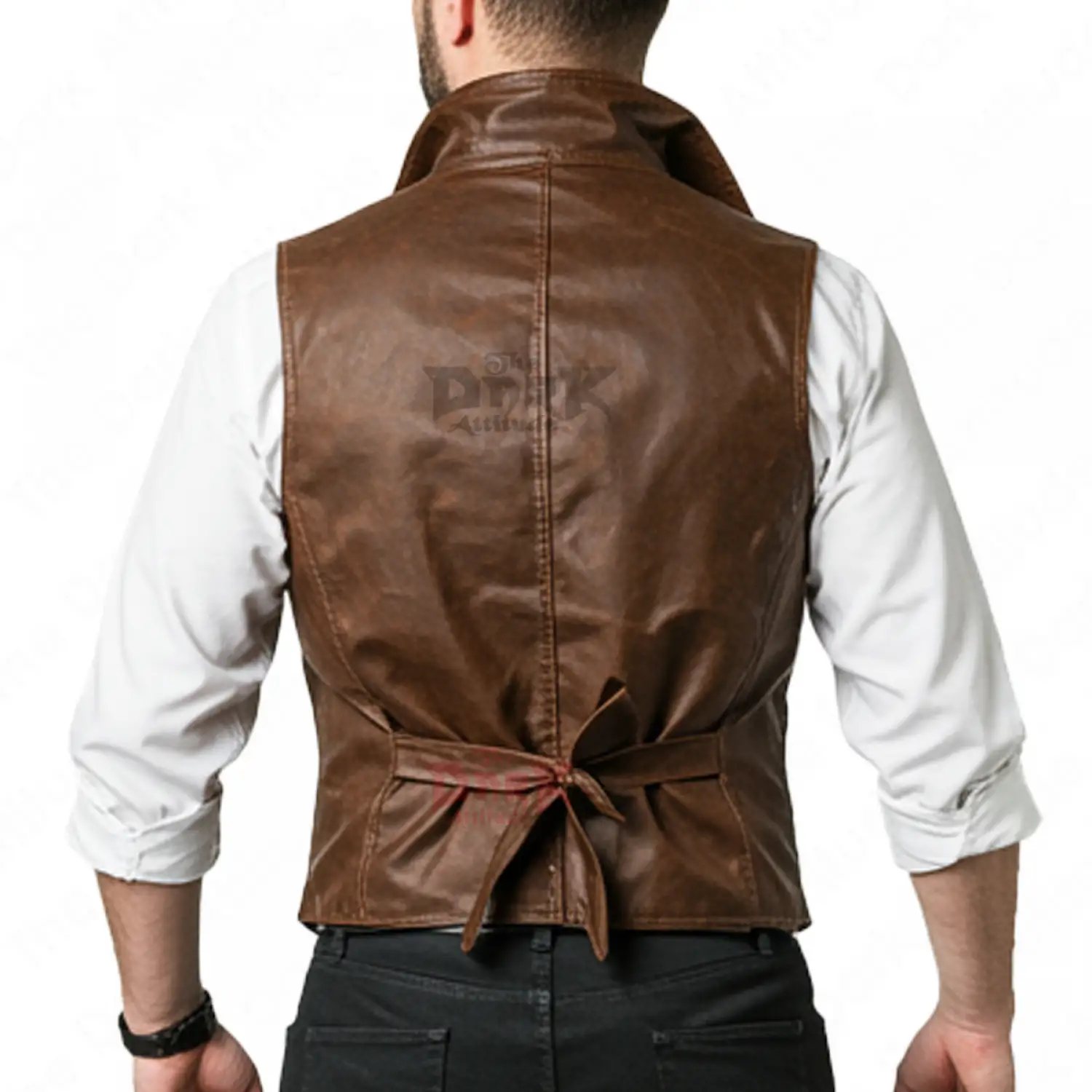 Men's gothic-style double-breasted brown leather vest with wide lapels and a tailored fit.