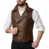Men's gothic-style double-breasted brown leather vest with wide lapels and a tailored fit.