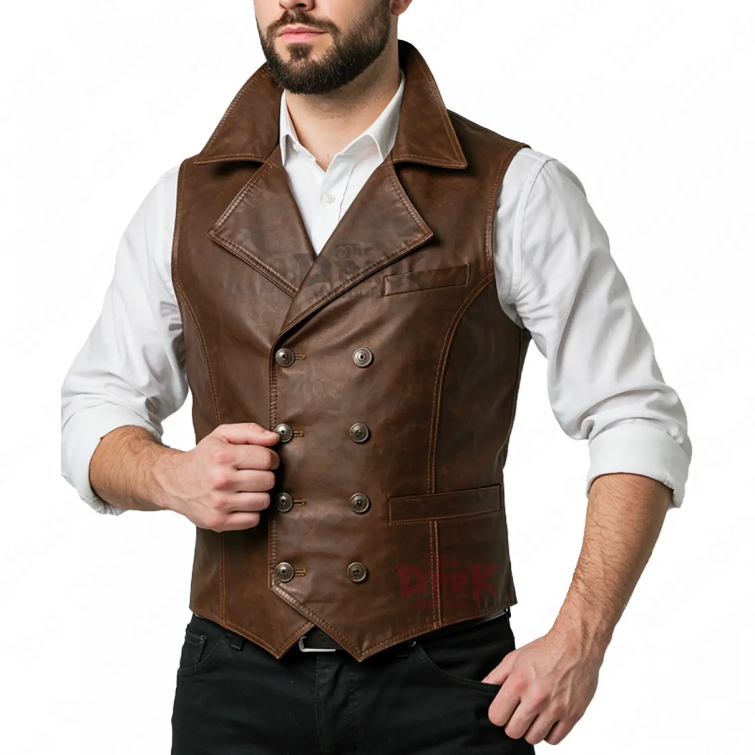 Men's gothic-style double-breasted brown leather vest with wide lapels and a tailored fit.