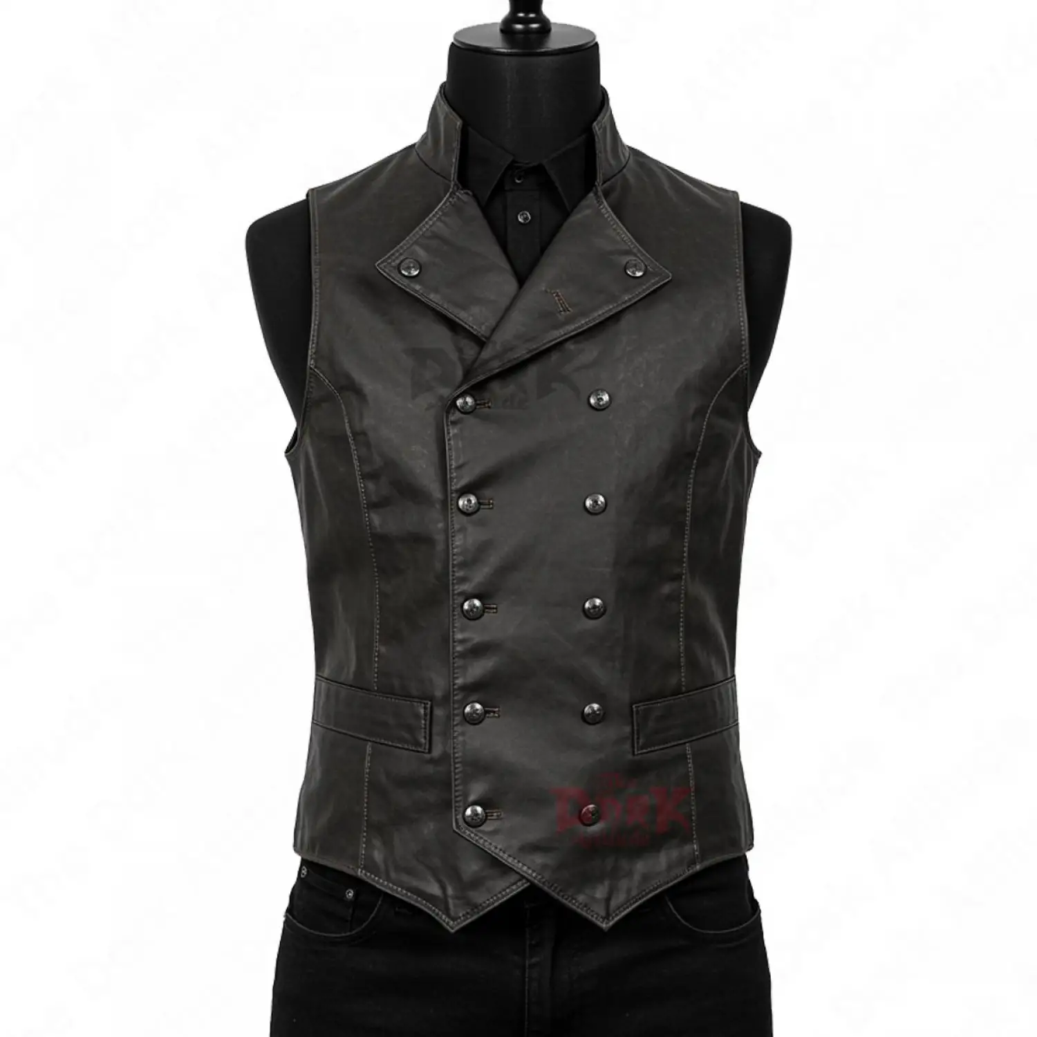 Men's Steampunk waistcoat in a double-breasted black brocade style with peak lapels.