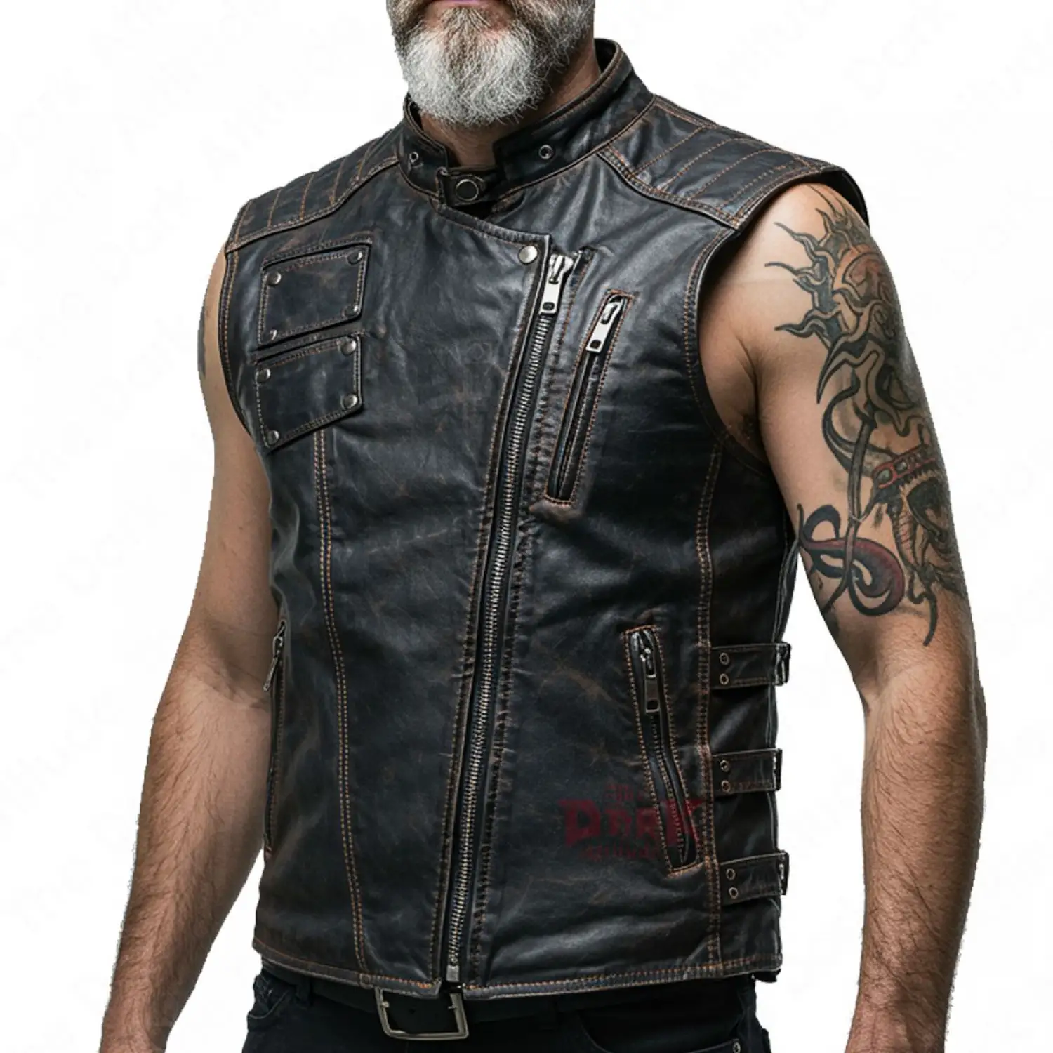 Black gothic men's leather vest with quilted shoulders and a front zipper