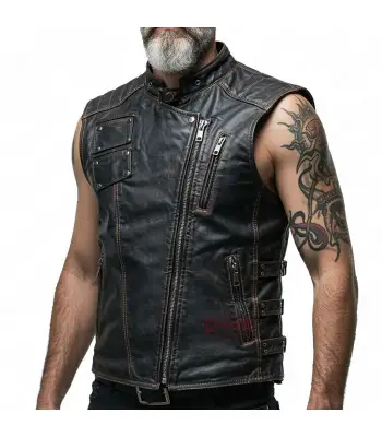 Men's Gothic Biker Distressed Leather Vest