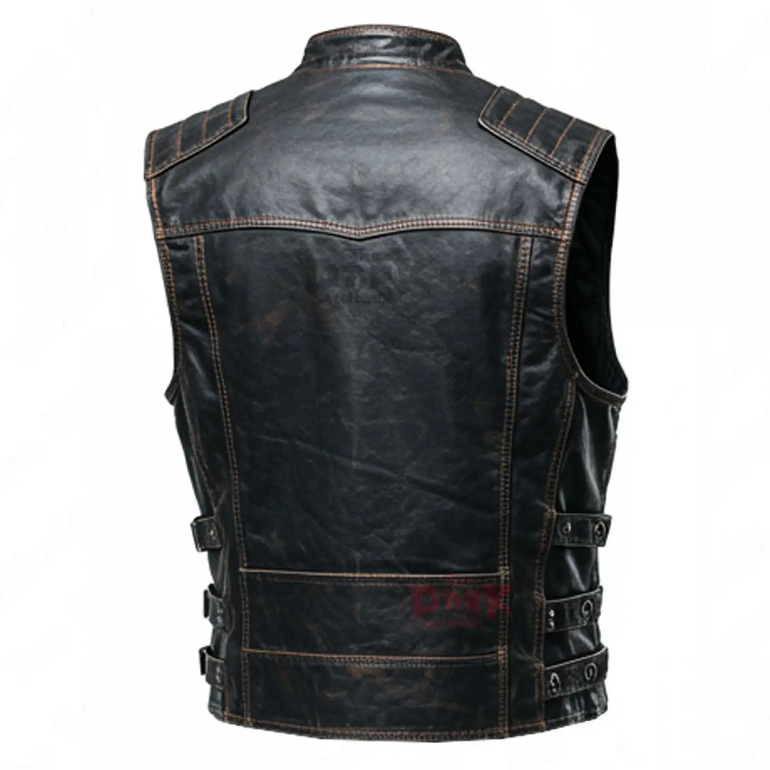 Black gothic men's leather vest with quilted shoulders and a front zipper