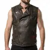 Men's gothic biker vest in distressed brown leather with an asymmetrical zip front closure