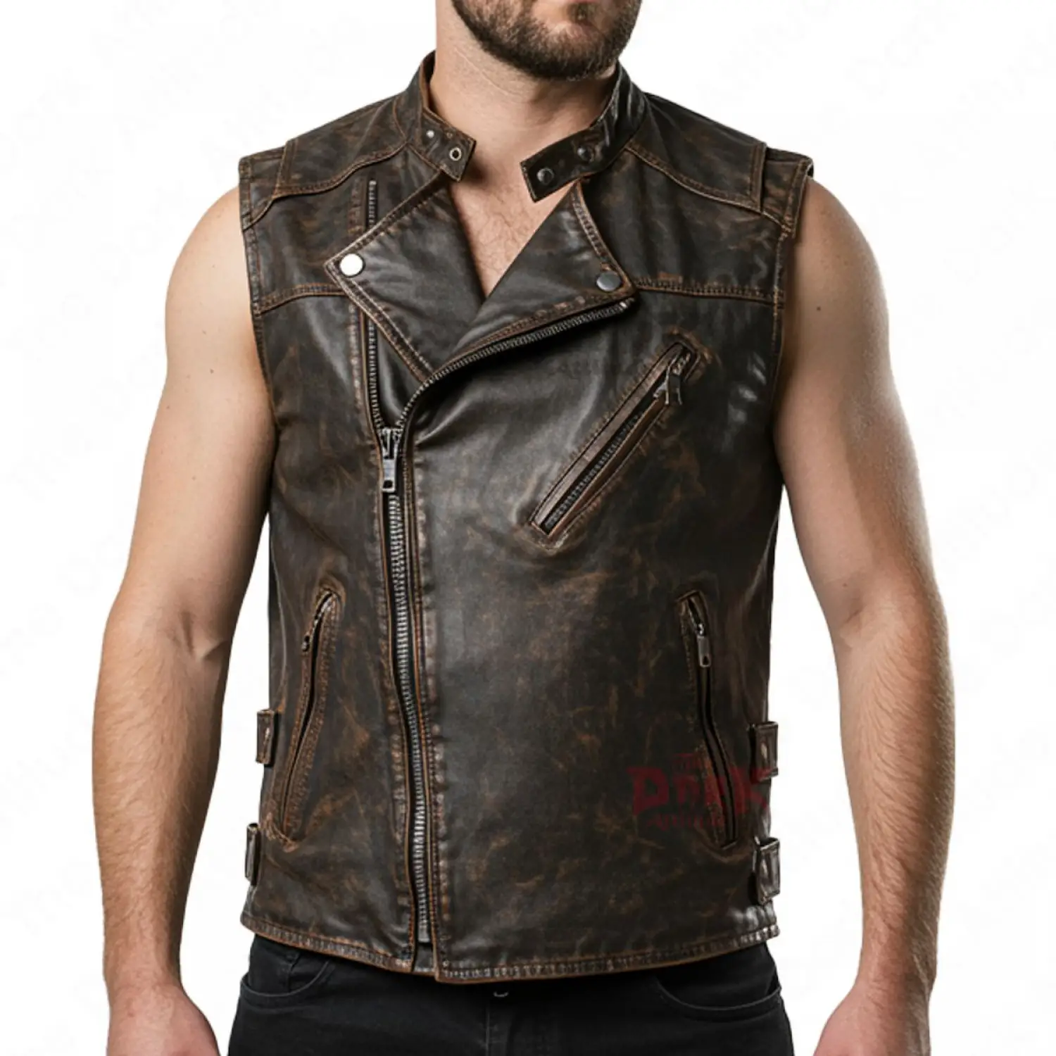 Men's gothic biker vest in distressed brown leather with an asymmetrical zip front closure
