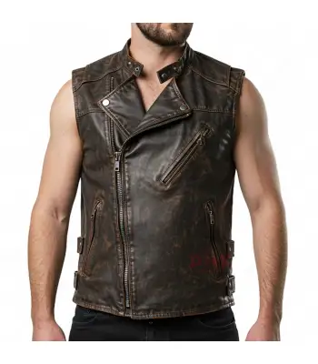 Men's Gothic Biker Vest in Distressed Leather