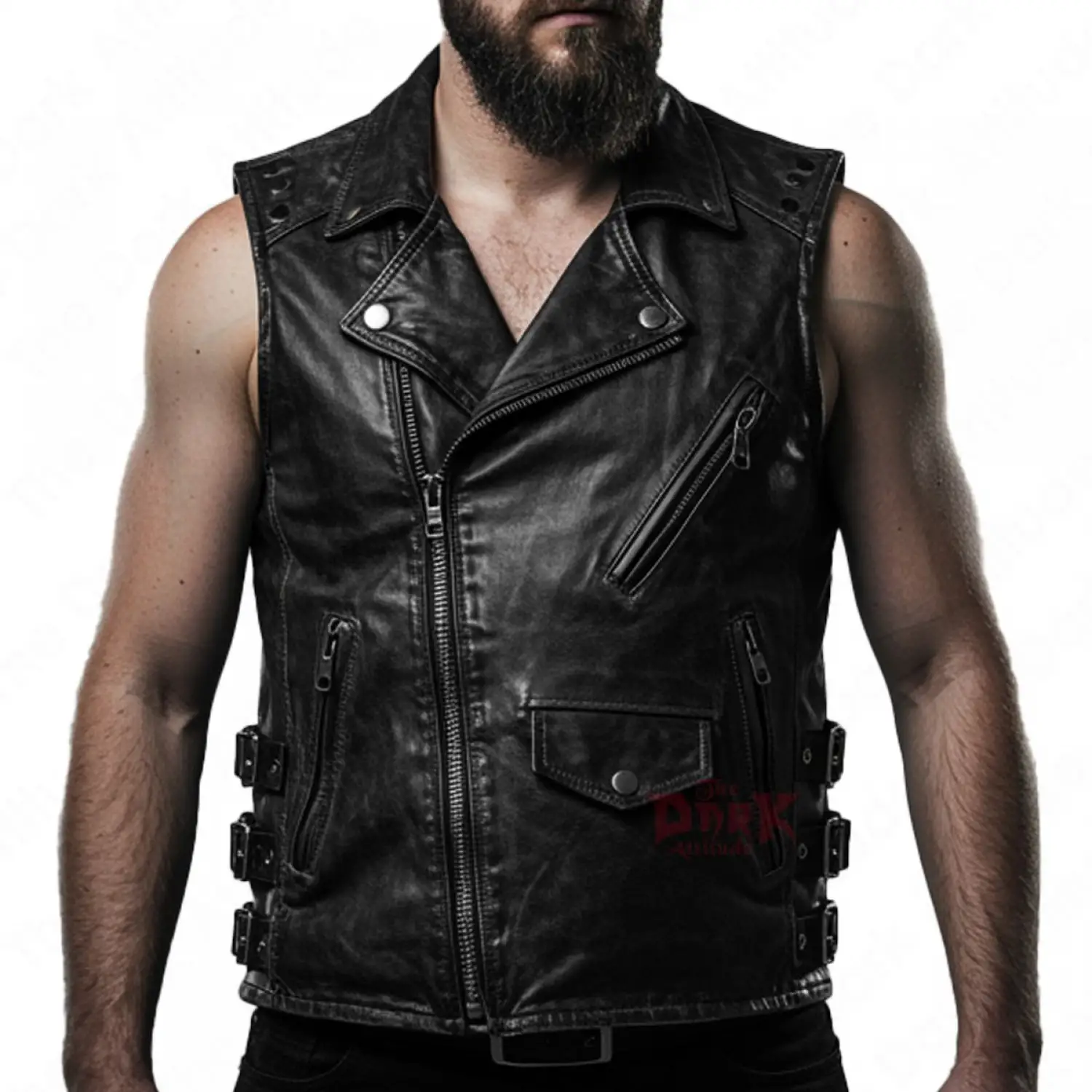 The ultimate Gothic Punk Leather Vest. Rugged black biker style with buckle accents