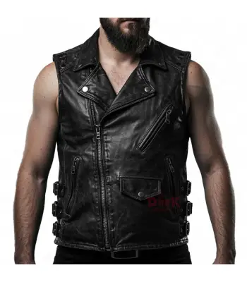 Gothic Punk Rock Black Leather Vest 