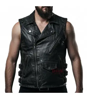 Gothic Punk Rock Black Leather Vest 