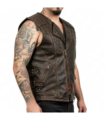 Men’s Distressed Brown Leather Biker Vest