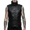 Black gothic steampunk leather vest with high collar and buckles