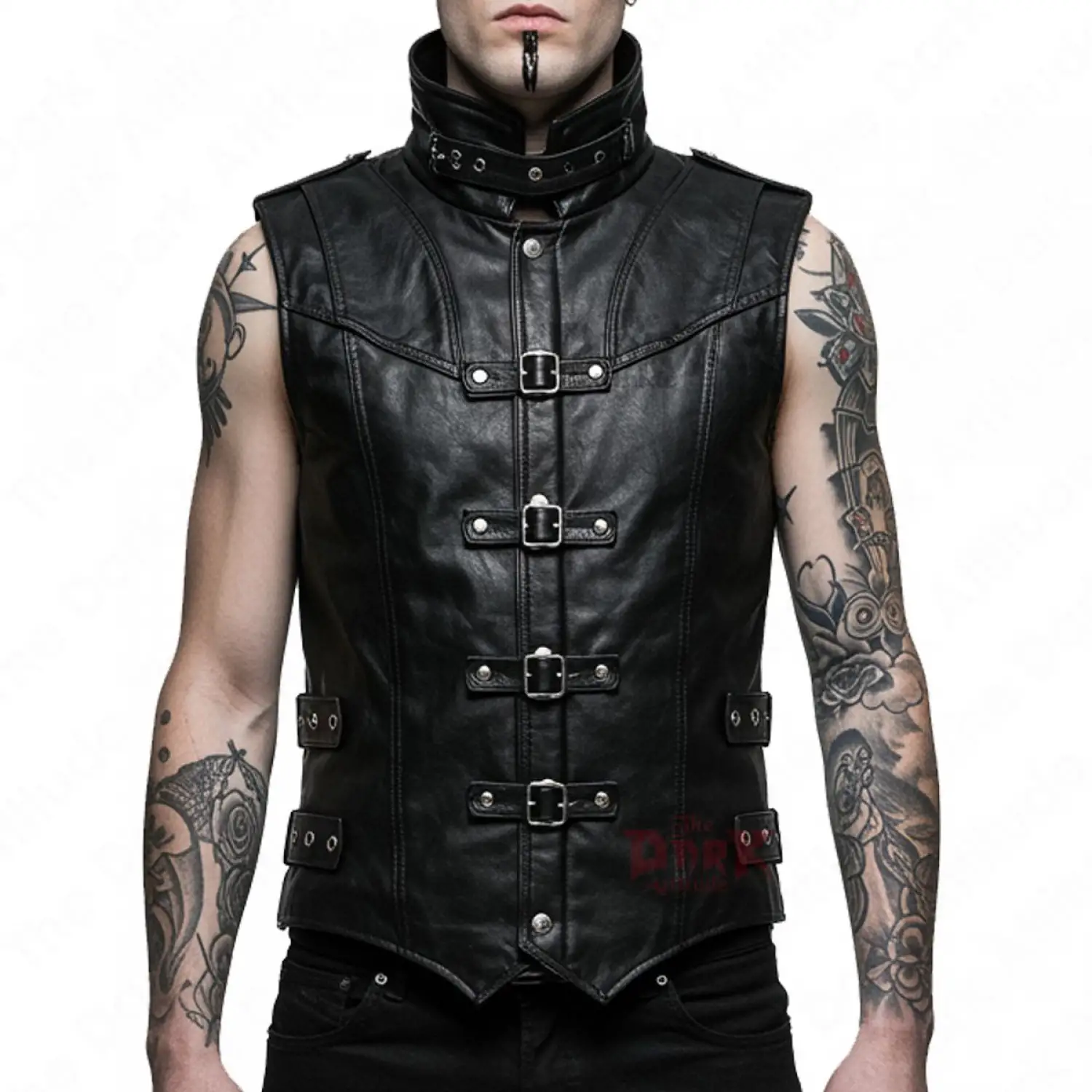 Black gothic steampunk leather vest with high collar and buckles
