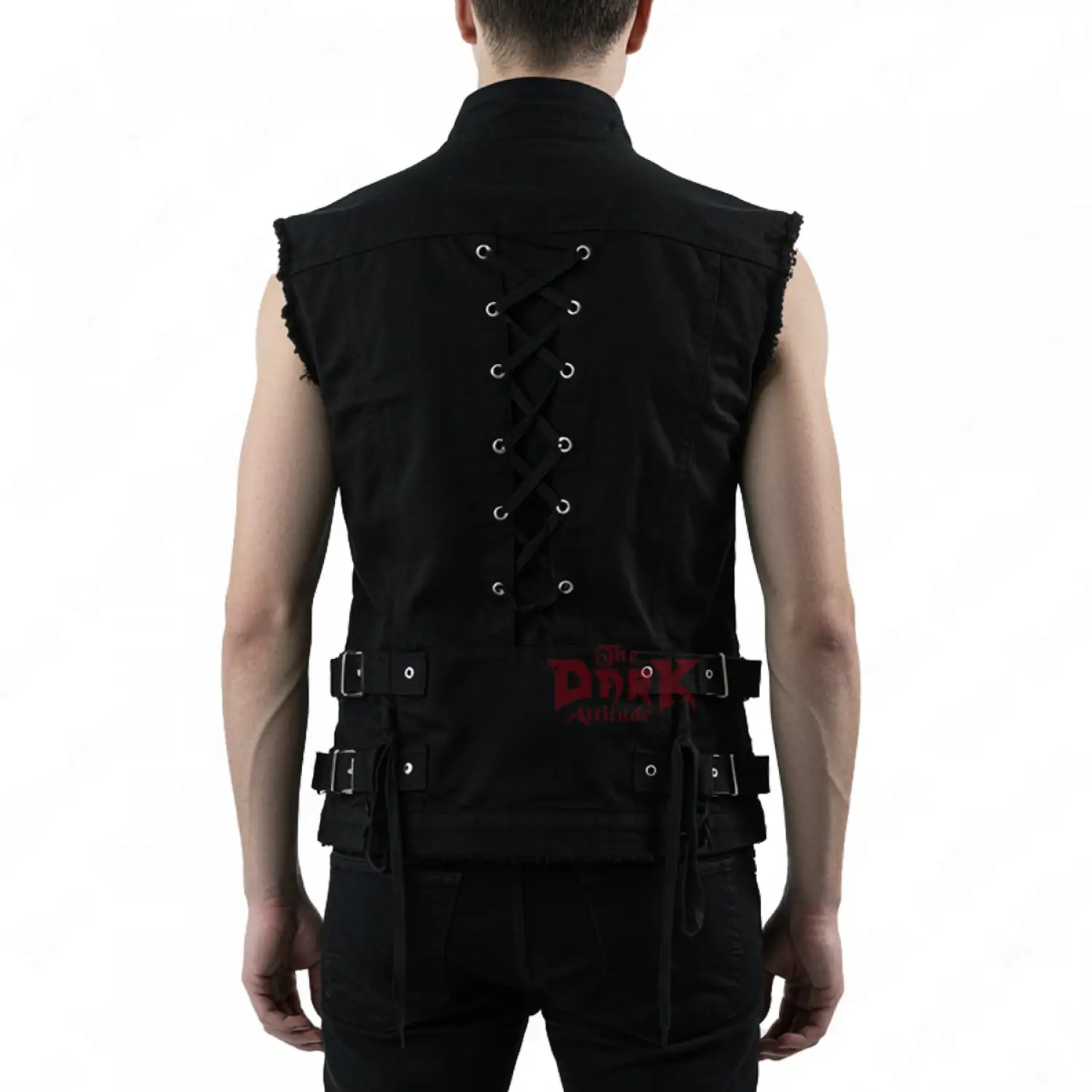 Men Black gothic utility vest with buckles, zippers, and corset-style back lacing.