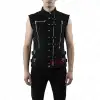 Men Black gothic utility vest with buckles, zippers, and corset-style back lacing.