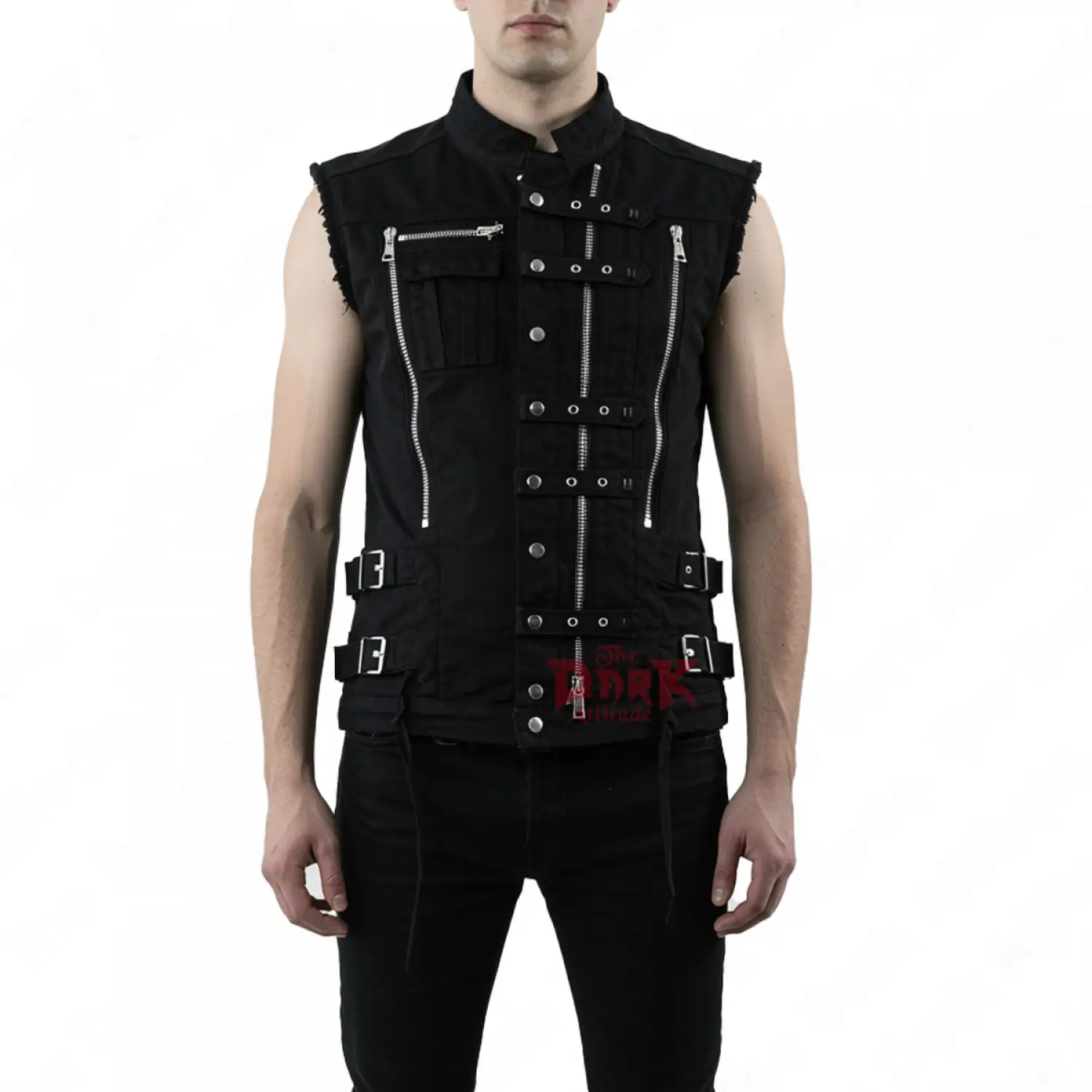 Men Black gothic utility vest with buckles, zippers, and corset-style back lacing.