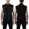 Men Black gothic utility vest with buckles, zippers, and corset-style back lacing.