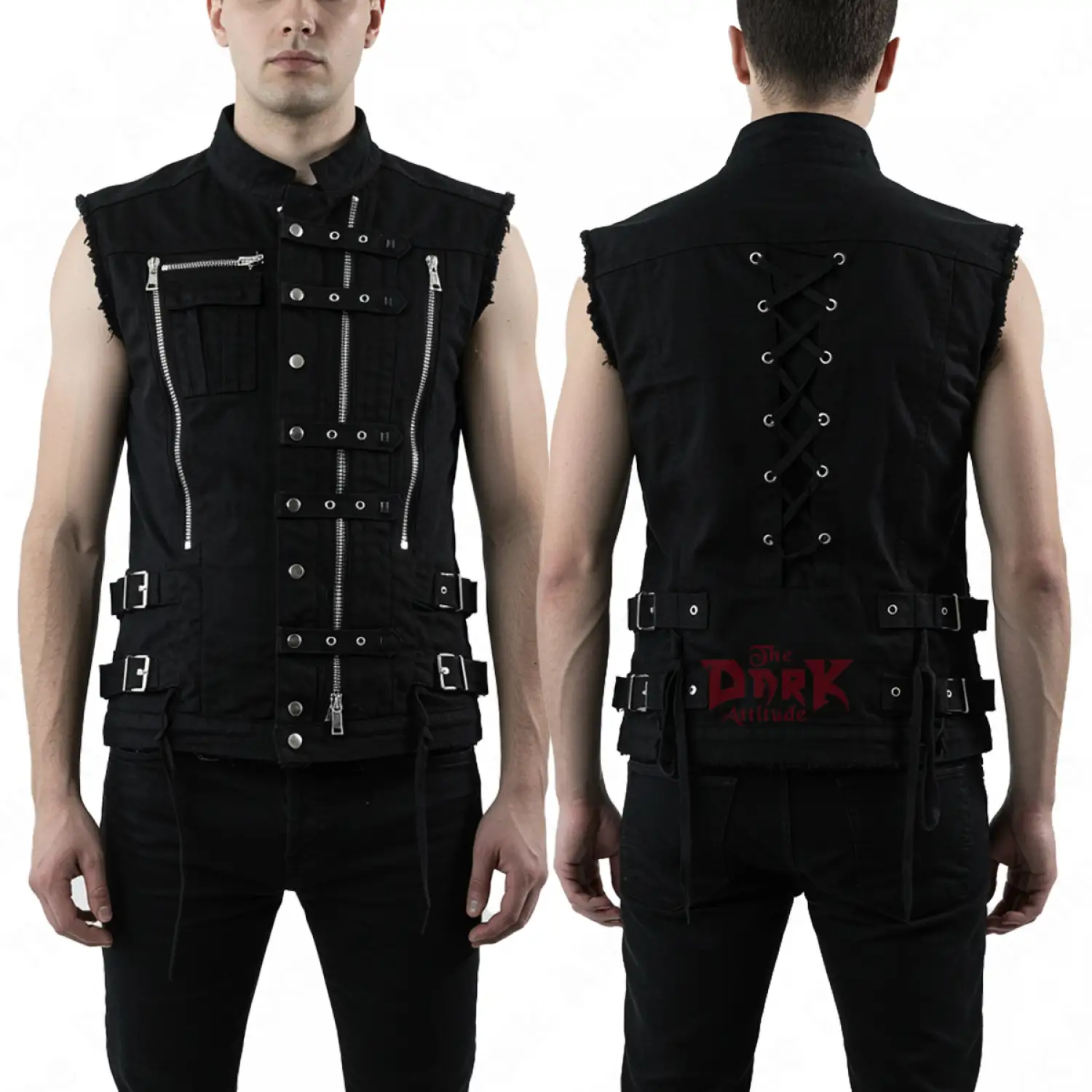 Men Black gothic utility vest with buckles, zippers, and corset-style back lacing.