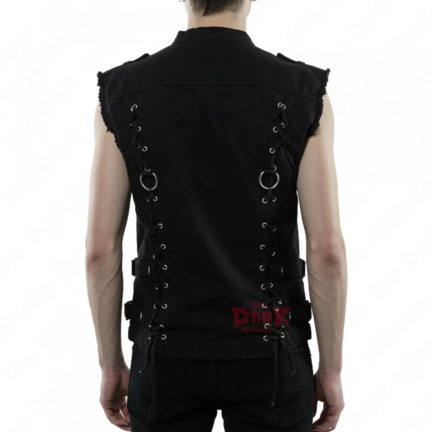 Black gothic punk vest with buckles, asymmetric zipper, and adjustable side lacing.