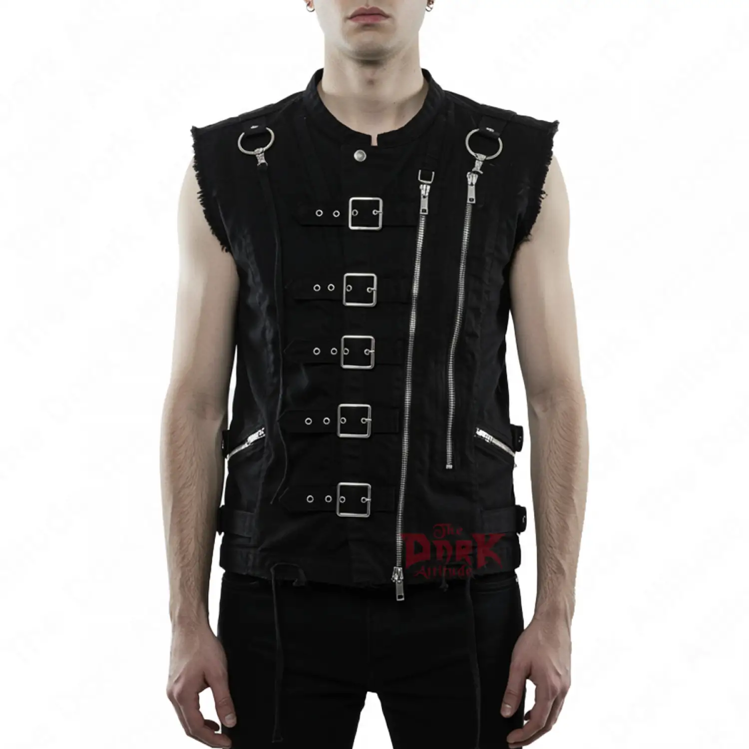 Black gothic punk vest with buckles, asymmetric zipper, and adjustable side lacing.