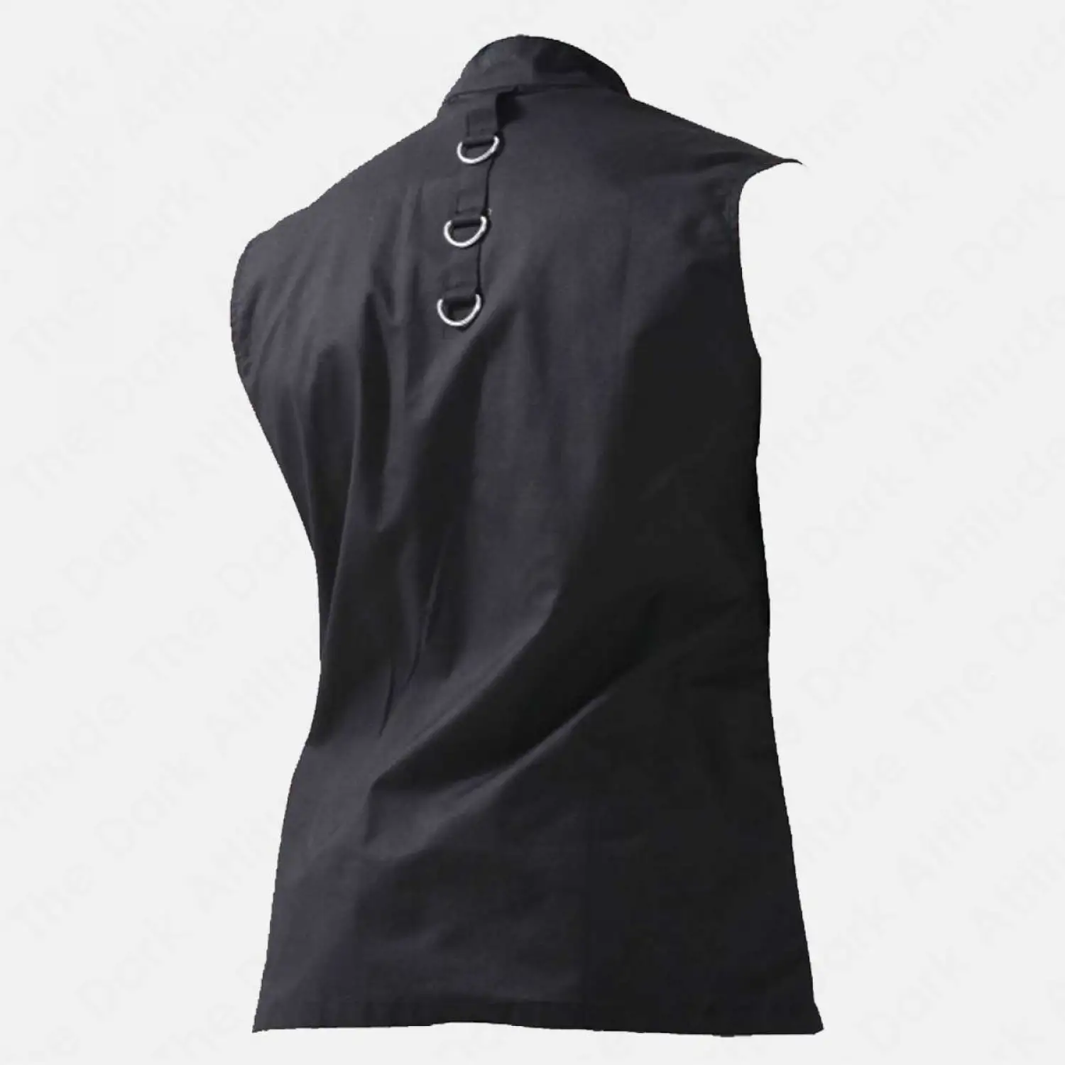 Men's Black Punk Emo Bondage Strap Vest Men's black sleeveless punk emo vest with high collar, zip front, and horizontal bondage strap details.