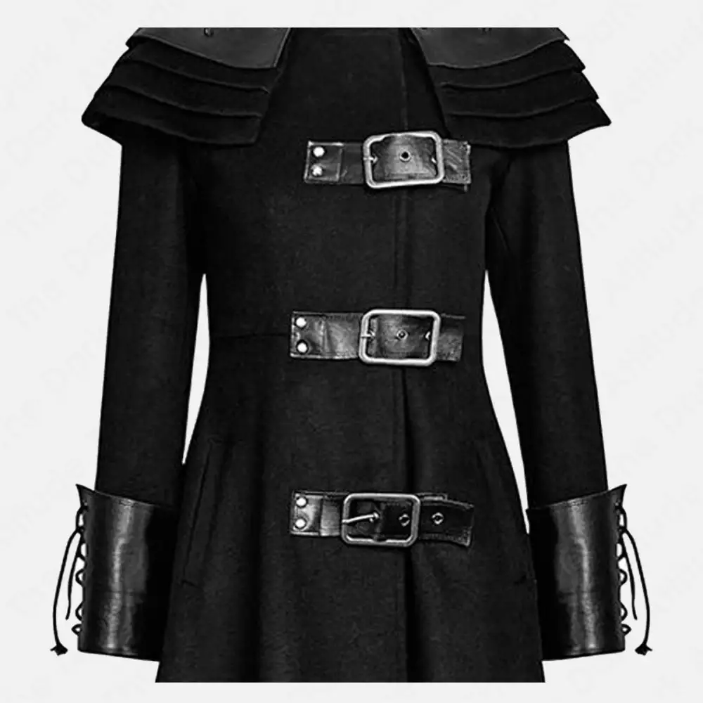 Women Gothic Long Black Coat Steampunk Shoulder Spikes Rivets Punk Coat
