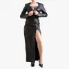 Women Corset Style Long Black Leather Coat Sexy Collar Laced Bust
