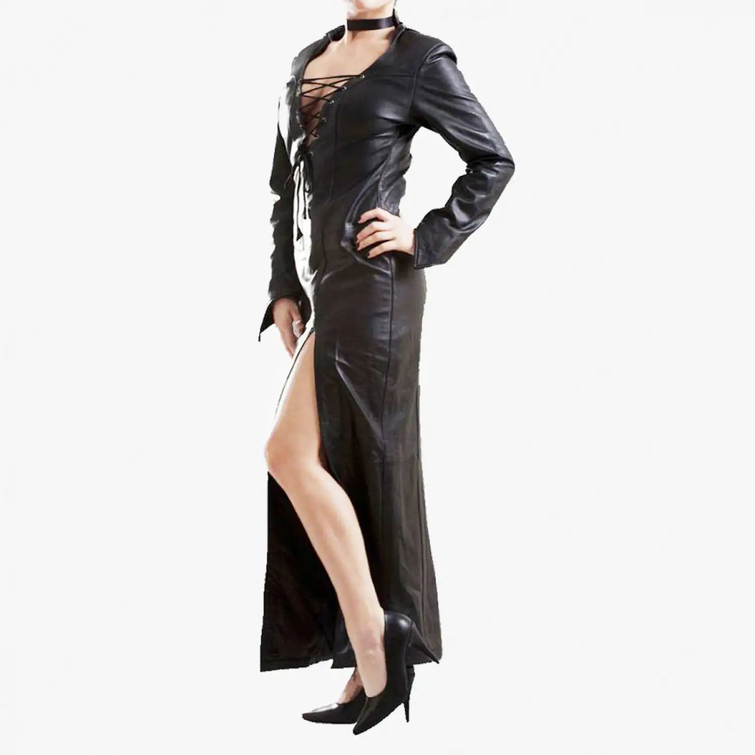 Vampy Black Leather Dress | Sexy Long Leather Dress Women