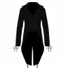 Women's black swallowtail tuxedo coat with lace trim details and high collar