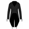 Women's black swallowtail tuxedo coat with lace trim details and high collar