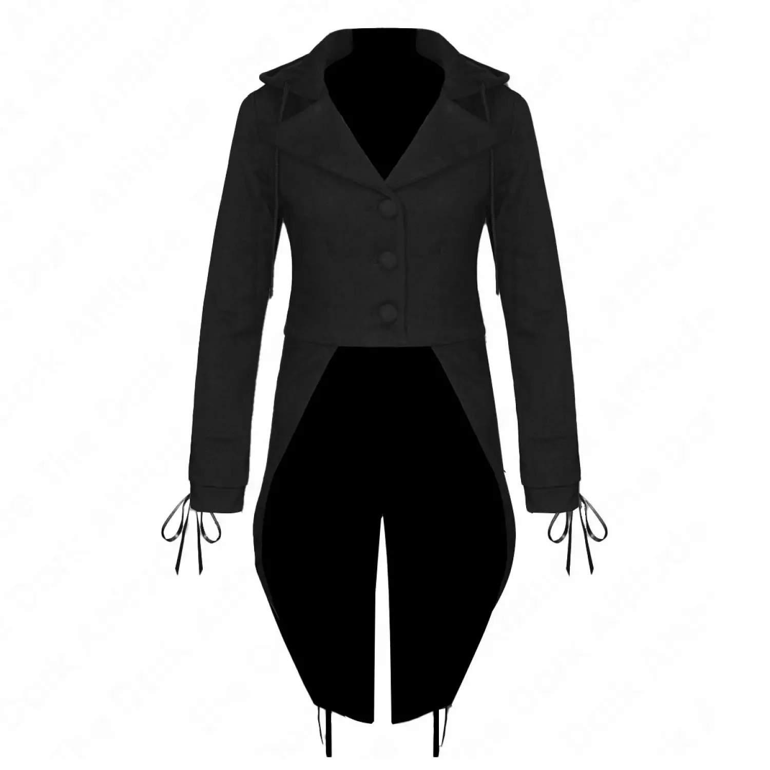 Women's black swallowtail tuxedo coat with lace trim details and high collar