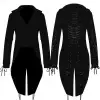 Women's black swallowtail tuxedo coat with lace trim details and high collar