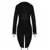 Women's black swallowtail tuxedo coat with lace trim details and high collar