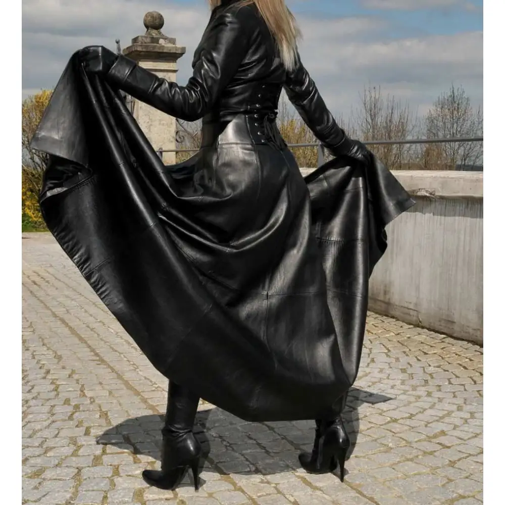 Black Leather Victorian Long Coat Sexy Women Full Length Trench Goth Coat