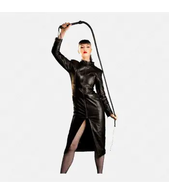 Women Real Leather Goth Dress Sexy Zipper Bust Coat